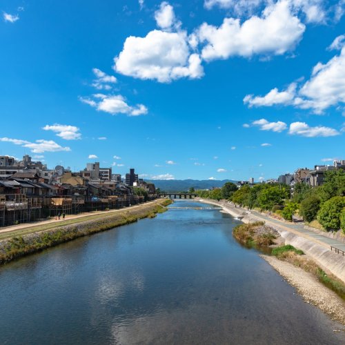 A bright blue sky above the Kamo River, Kyoto